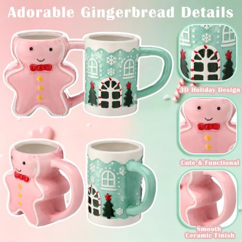 2 Pcs Christmas Ceramic Mugs, 3D Gingerbread Man and House, 12 oz - Image 3