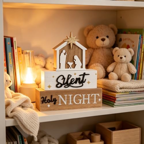 Nativity Sets for Christmas Indoor, MEETYAMOR Large Size 3-Layered Nativity Scene Wooden Block Silent Night Holy Night Sign Decor,Christmas Decorations Indoor for Home, Mantle, Table - Image 6