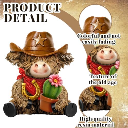 2 Pcs Resin Highland Cow Figurines Decor, Western Cowboy Style - Image 4