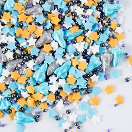Space Theme Sprinkles Edible Blue Sliver Rocket Stars Sprinkles Galaxy Spacecraft Pearls Sugar Candy for Cookie Decorations Baking Cake Cupcake Topper Decoration 4.2 Ounce by cobakey-DessertDecorations