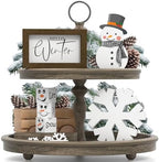 Christmas/Winter Tiered Tray Decor, 6 Pcs Hello Winter Snowflake Snowman Table Signs Let It Snow Wooden Signs for Home Kitchen Office by Tovwei