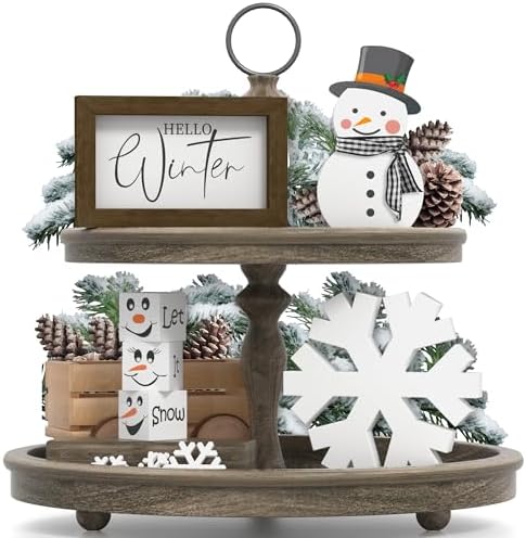 Christmas/Winter Tiered Tray Decor, 6 Pcs Hello Winter Snowflake Snowman Table Signs Let It Snow Wooden Signs for Home Kitchen Office by Tovwei
