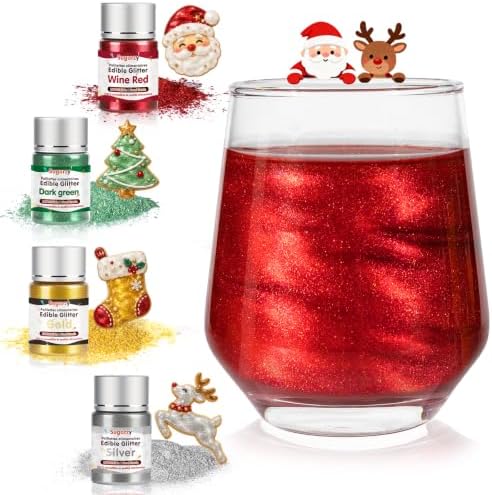 Edible Christmas Glitter for Drinks,Gold Silver Red Green Luster Dust 4set by Sugarzy