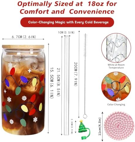 18oz Color Changing Christmas Cup, Cute Glass Cups with Lids and Straws - Image 3