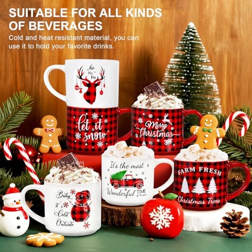 QIKSION 16oz Christmas Coffee Mugs Set of 6, Large Hot Chocolate Mugs, Holiday Cocoa Ceramic Mug Gift Set for Family, Friends and Colleagues(Red Black Plaid, White) - Image 5
