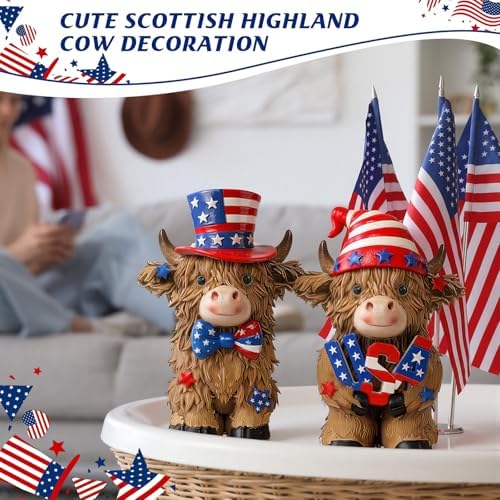 2 Pack 4th of July Highland Cow Figurine Resin 4th of July Gifts - Image 2