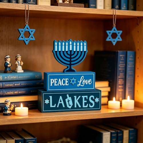 MEETYAMOR Hanukkah Decorations for Home, 3-Layered Wood Block with Dreidel Star of David Menorah Hanukkah Decor, Decorative Blue Jewish Judaism Chanukah Decor for Mantel Tabletop Party - Image 3