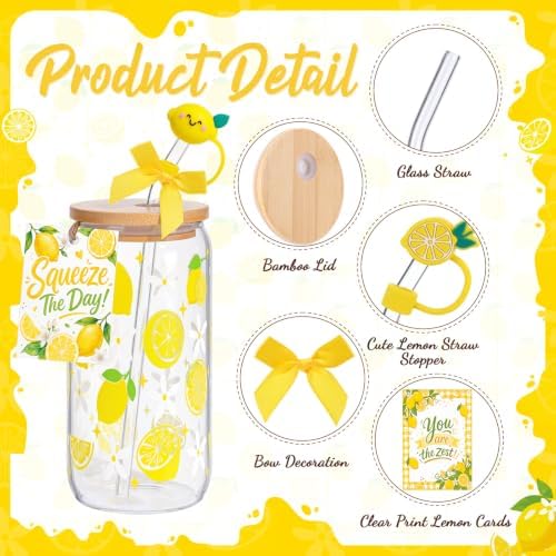 Vesici 6 Set Lemon Glasses with Lid Straw and Stopper, Lemon Gifts - Image 3