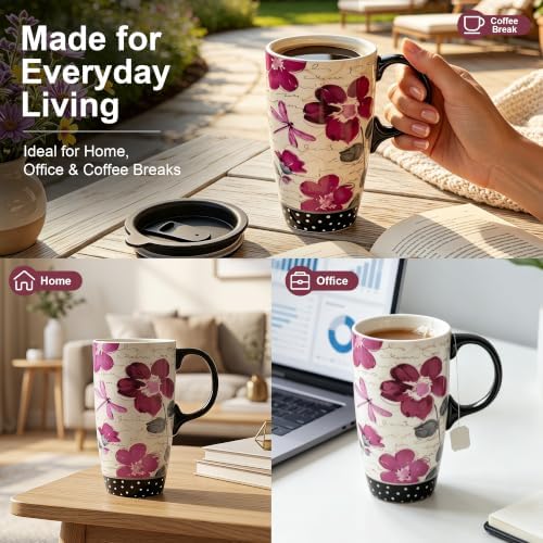 Topadorn 17oz Ceramic Travel Mug with Lid, Pink Floral Coffee Mug for Women - Image 4