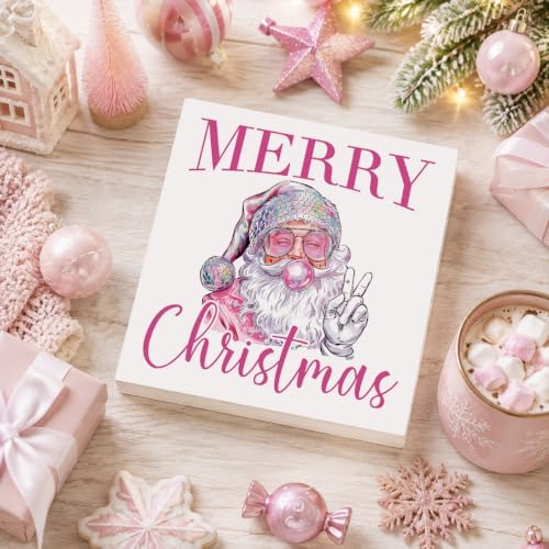Pink Christmas Decor, Christmas Decorations Indoor, Sunglasses Claus Blowing Bubble Sign Gift for Women Friends, Rustic Wooden Box Sign for Home Office Bedroom Desk Decor 5x5 Inches - Image 4