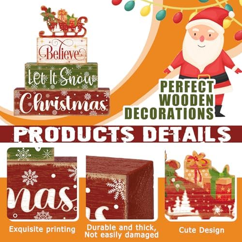Moucuny 4 Pcs Christmas Sleigh Table Decorations Xmas Wood Block Signs - Image 3