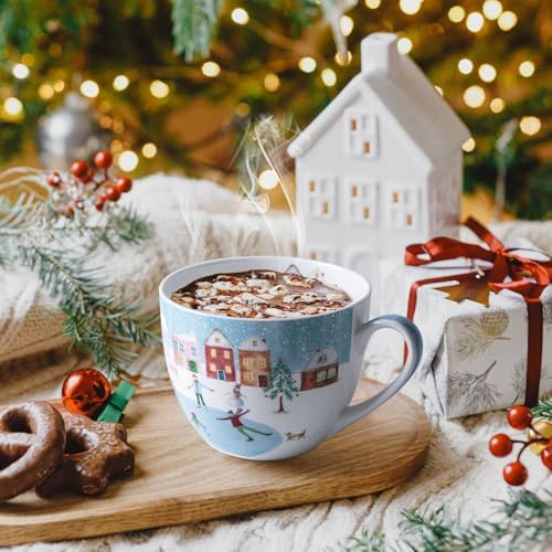 Christmas Skating Mug - 20 oz Bone China Winter Coffee Mugs with Snowy Village, Perfect Holiday and Birthday Gifts for Friends and Family - Designed in England by Harvest Green Studio - Image 5