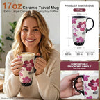 Topadorn 17oz Ceramic Travel Mug with Lid, Pink Floral Coffee Mug for Women - Image 2