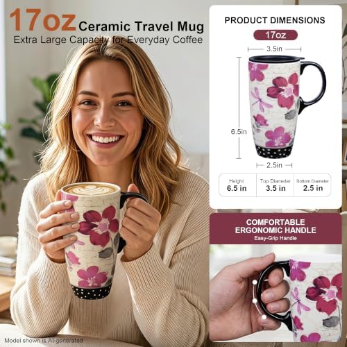 Topadorn 17oz Ceramic Travel Mug with Lid, Pink Floral Coffee Mug for Women - Image 2