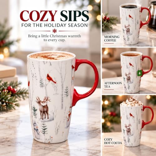 Topadorn Christmas Ceramic Travel Mug with Lid, 17 oz, Cardinal and Deer - Image 4