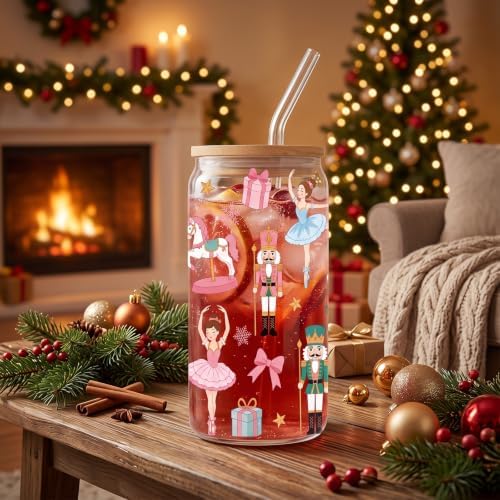 Christmas Nutcracker Gifts Xmas Holiday Glass Cups with Lid Straw - Image 5