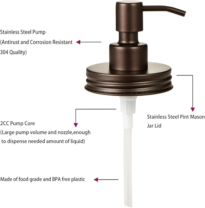 Amolliar Mason Jar Liquid Soap Dispenser Lid, 304 Stainless Steel Pump Lid - Image 4