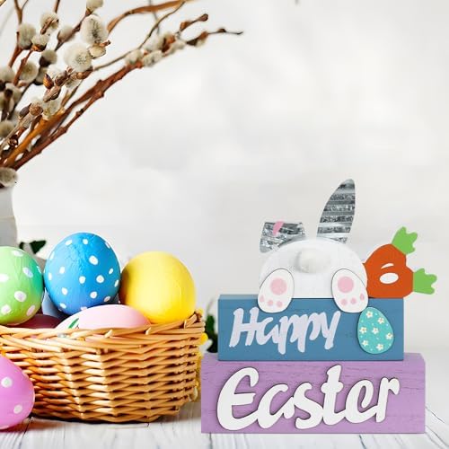 Easter Decorations, MEETYAMOR 3-Layered Easter Bunny with Carrots Farmhouse Wood Block Easter Decor, Happy Easter Sign Easter Egg Design Easter Decorations Indoor for Home, Living Room, Tables, Mantel - Image 4