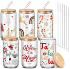 SiliFine 6 Pcs Christmas Glass Cups, 16 oz with Lids and Straws by SiliFine