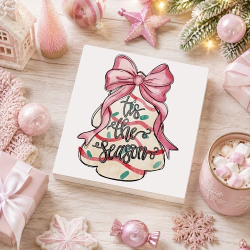 Pink Christmas Decor, Christmas Decorations Indoor, Coquette Bow Xmas Tree Cakes Sign Gift for Women Friends, Rustic Farmhouse Wooden Box Sign for Home Office Bedroom Desk Decor 5x5 Inches - Image 4