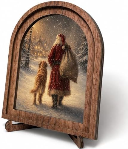 Santa and Dog Arched Table Sign, Rustic Christmas Farmhouse Decor by HPCHENG