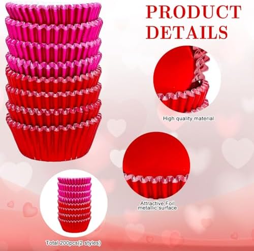 JarThenaAMCS 200Pcs Red Pink Foil Cupcake Liners Foil Metallic Baking Cups Cupcake Wrappers Muffin Liners for Valentine Christmas Birthday Wedding Party Supplies - Image 3