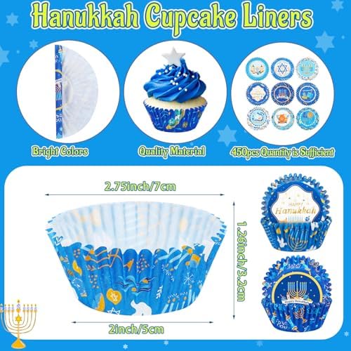 SANNIX 450pcs Hanukkah Cupcake Liners, 9 Designs, Chanukkah Dreidel Menorah - Image 2