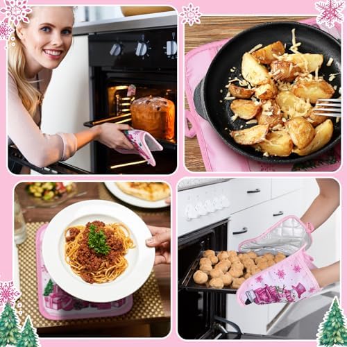 Jingmore 12 Pcs Pink Christmas Pot Holders with Pocket Hello Winter Snowflake Pot Holders Gift Bulk Snowman Gnome Heat Resistant Hot Pads Oven Mitts Cute Oven Gloves for Xmas Kitchen Baking Cooking - Image 5