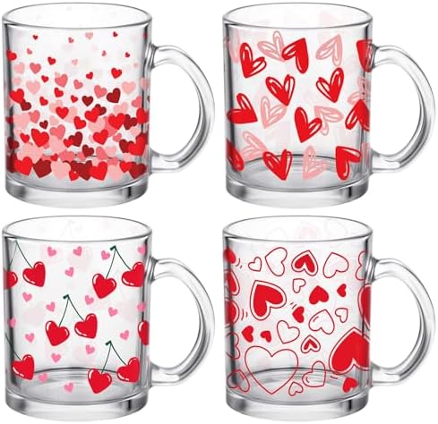 Bokon 4 Pcs Valentine Glass Coffee Mugs, 12 oz, Red Heart by Bokon