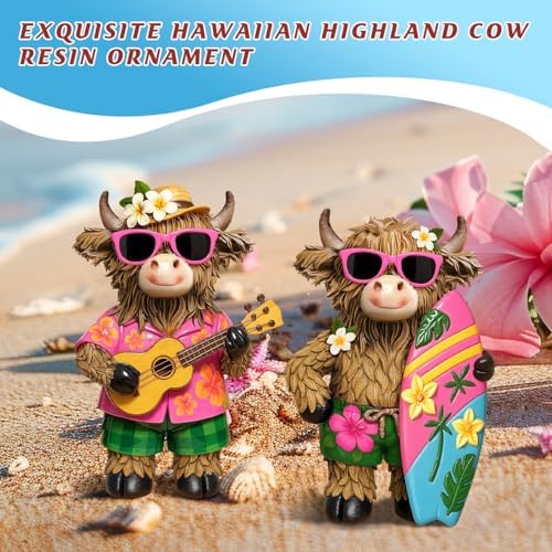 2 Pcs Highland Cow Figurines, Summer Beach Hawaii Decor - Image 5