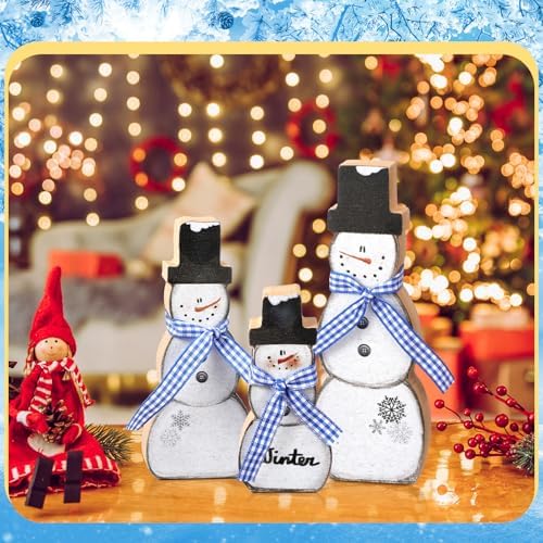 Suzile 3 Pcs Christmas Snowman Decoration Rustic Wooden Winter Indoor Decor - Image 6