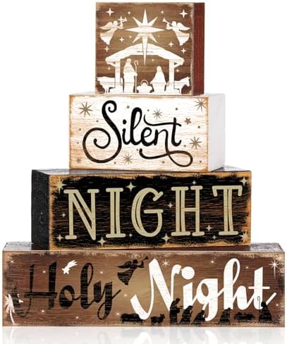 Moucuny 4 Pcs Christmas Holy Night Table Decor Farmhouse Wooden Block Signs by Moucuny