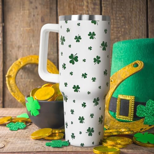 St Patricks Day Gifts 40 oz Tumbler with Handle and Straw Lid,Cute Green Lucky Clover Shamrock Spring Gift for Women Men Vacuum Insulated Leak Proof Stainless Steel Coffee Cup Mug - Image 2