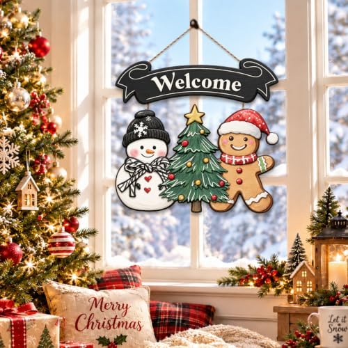 Christmas Decorations Snowman Gingerbread Christmas Tree Welcome Wood Sign - Image 6