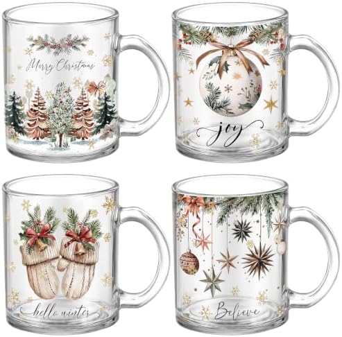 Tioncy 4 Pcs Christmas Glass Coffee Mugs 12 oz Clear Holiday Cups by Tioncy