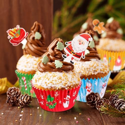 Christmas Cupcake Liners with Toppers Picks, Standard Wrappers Cupcake Disposable Baking Cups Muffin Liners for Xmas Holiday Party Favors, Party Decorations for Christmas Baking Supplies - Image 6