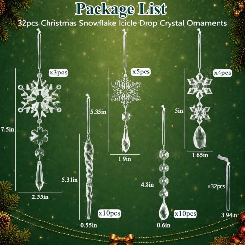 Acrylic Christmas Ornaments, 32 Pack Snowflake & Icicle Tree Decorations - Image 3