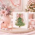 Pink Christmas Decor, Christmas Decorations Indoor, Glitter Coquette Bow Xmas Tree Sign Gift for Women Friends, Rustic Farmhouse Wooden Box Sign for Home Office Bedroom Desk Decor 5x5 Inches - Image 3