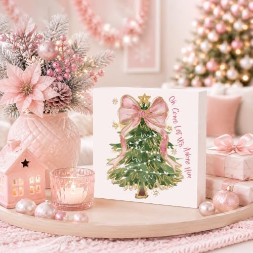 Pink Christmas Decor, Christmas Decorations Indoor, Glitter Coquette Bow Xmas Tree Sign Gift for Women Friends, Rustic Farmhouse Wooden Box Sign for Home Office Bedroom Desk Decor 5x5 Inches - Image 3
