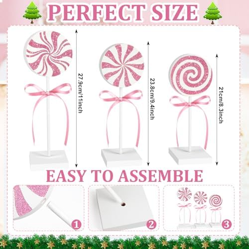 3 Pieces Christmas Table Decorations Wood Candy Set, Pink Christmas Tiered Tray Decor,Rustic Candy Table Decorations for Home Tables (Pink) - Image 3