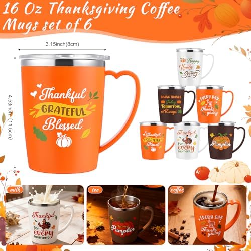 6 Pcs Thanksgiving Coffee Mugs Cups 16 Oz Fall Stainless Steel Insulated Tumblers Bulk with Handle Lid Straw Brushes Happy Thanksgiving Pumpkin Turkey Mugs Thankful Gifts for Party Birthday - Image 3