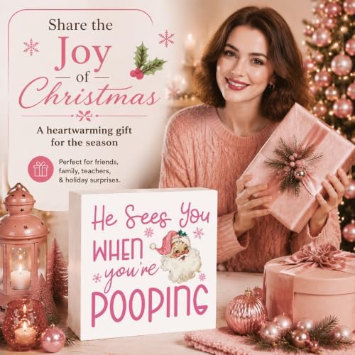 Pink Christmas Decor, Pink Christmas Bathroom Decor, Funny Santa Gift Decorations, Wooden Box Sign for Home Farmhouse Office Living Room Table Shelf Tiered Desk Bathroom Decor - Image 5