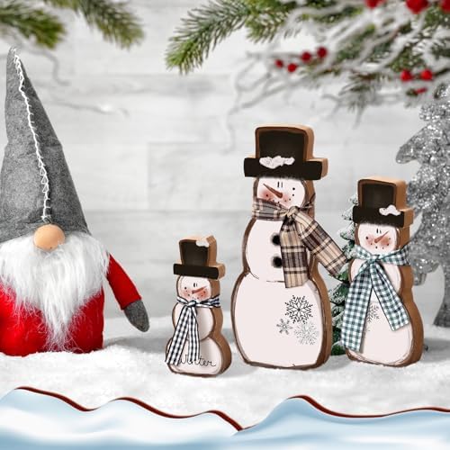 Suzile 3 Pcs Christmas Snowman Decoration Rustic Wooden Winter Indoor Decor - Image 5