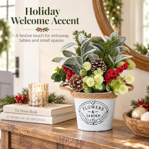 Christmas Table Decor with Metal Pot, Winter Xmas Centerpieces for Tables - Image 5