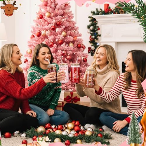 Vesici 6 Set Christmas Glasses Cups 16 oz Xmas Drink Cup with Lid Straw and Stopper Can Shaped Beer Tumbler Christmas Pink Appreciation Gifts with Cards and Bow for Women Birthday Party Favor - Image 6