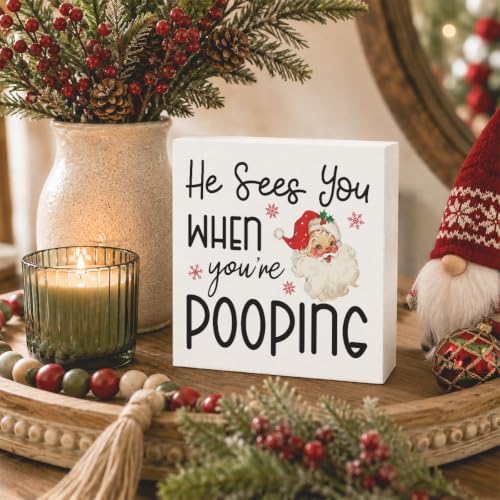 Christmas Bathroom Decor, Funny Vintage Christmas Decorations, Santa Claus Bathroom Table Decoration He Sees You When You're Pooping Wooden Box Sign, Home Shelf Desk Decor for Toilet 5x5 Inches - Image 3