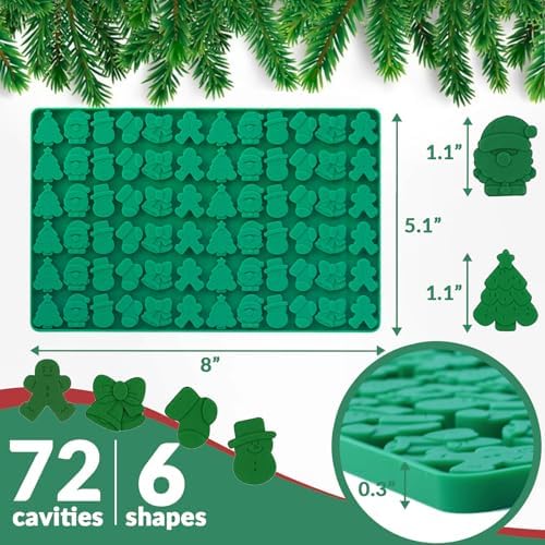 HKNMTT Mini Christmas Candy Molds, Silicone 72 Cavity Chocolate Mold, Tree Santa Snowman Stocking Bell Gingerbread Shape Gummy Making Set, Food Grade for Gifts Cookies Dog Treats - Image 5