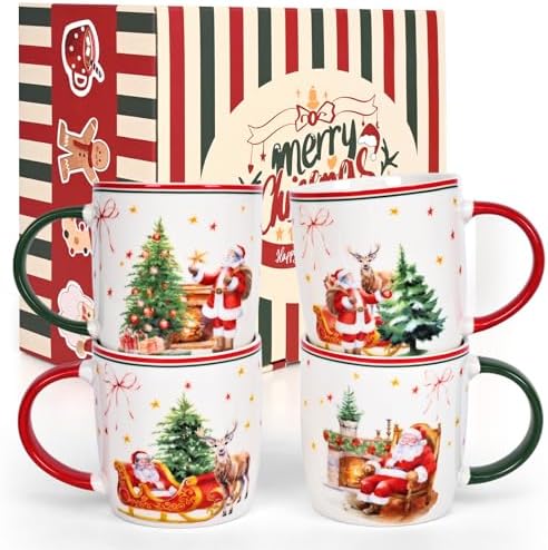 Cabtnca Christmas Mugs, Christmas Mugs Set of 4, Ceramic Christmas Mug, Santa Mug, Holiday Mugs, Xmas Mug Decor, Marry Christmas Gift for Women Kids, 11 Oz by APlaceforCoffeeMugs