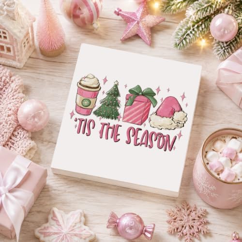 Pink Christmas Decor, Pink Christmas Bathroom Decor, Girly Decoration, Wooden Box Sign Winter Latte Santa Presents Tree Coffee Home Bedroom Desk Decoration - Image 4