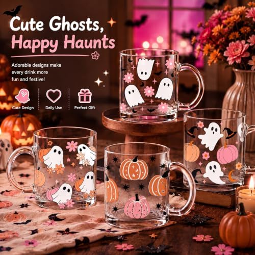 Bokon 4 Pcs Halloween Glass Coffee Mugs with Handle, 12 oz - Image 2